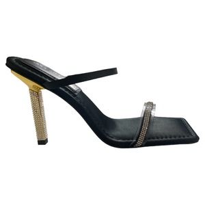 NIB Good American Heels Black Satin Square Toe Slide Embellished Size 8.5